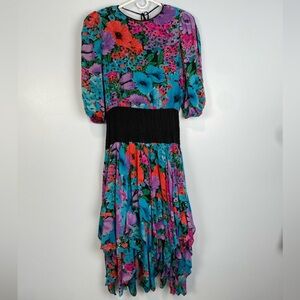 Vtg 70s 80s Designer Diane Freis Silk Beaded Floral Signature Dress Sz Large L